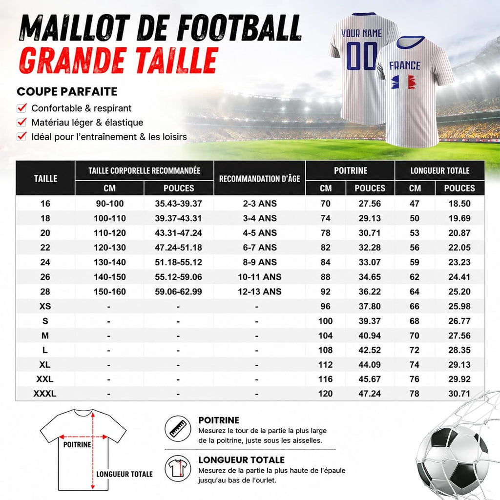 Maillot de Foot Personnalisé France, T-Shirt Sport Personnalisable Nom et Numéro, Enfant et Adulte Tenue de Sport pour Entraînement et Cadeau Football