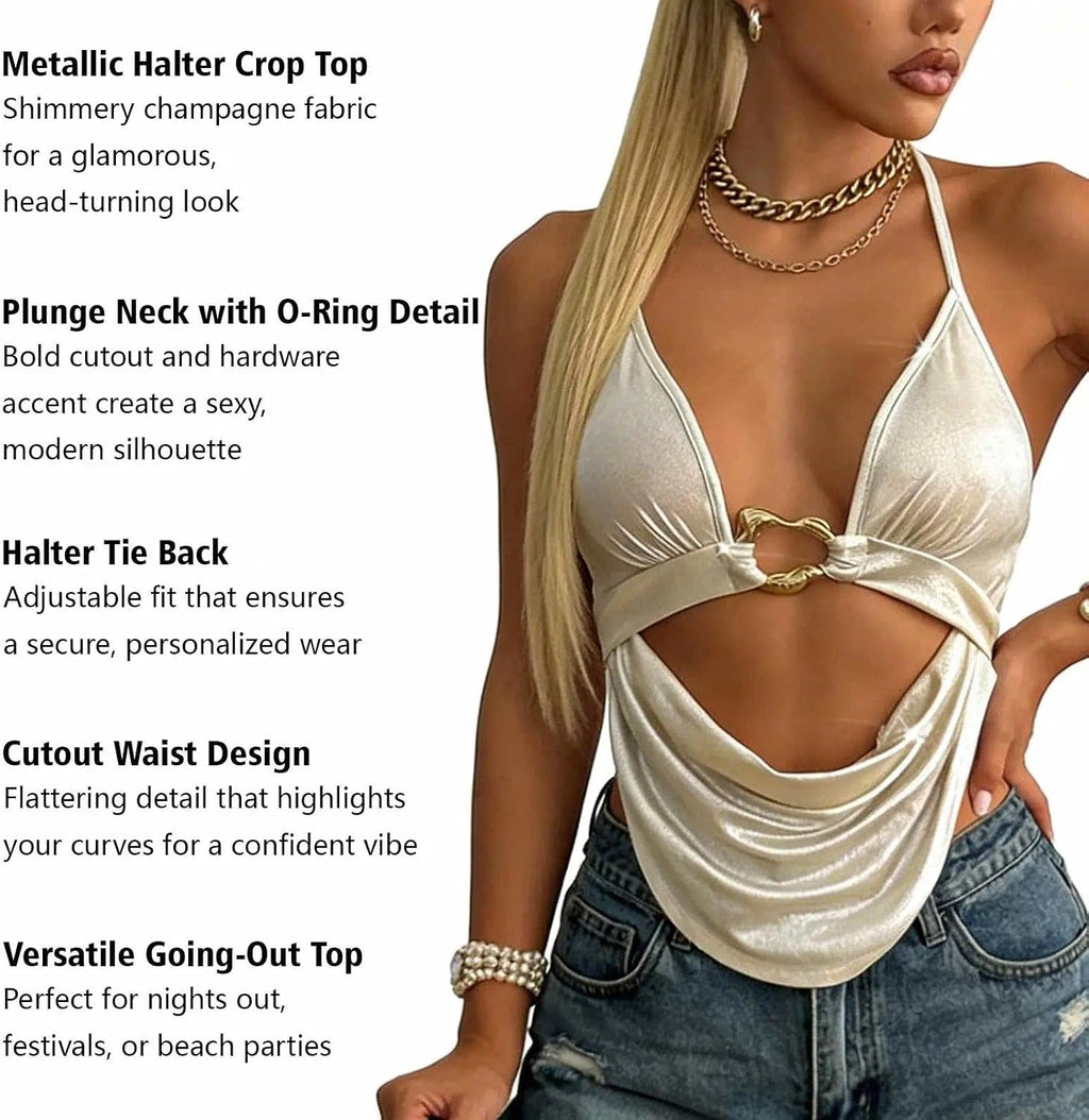Women's Shiny Backless Deep V Neck Backless Sleeveless Tops Elastic Cut Summer Tops
