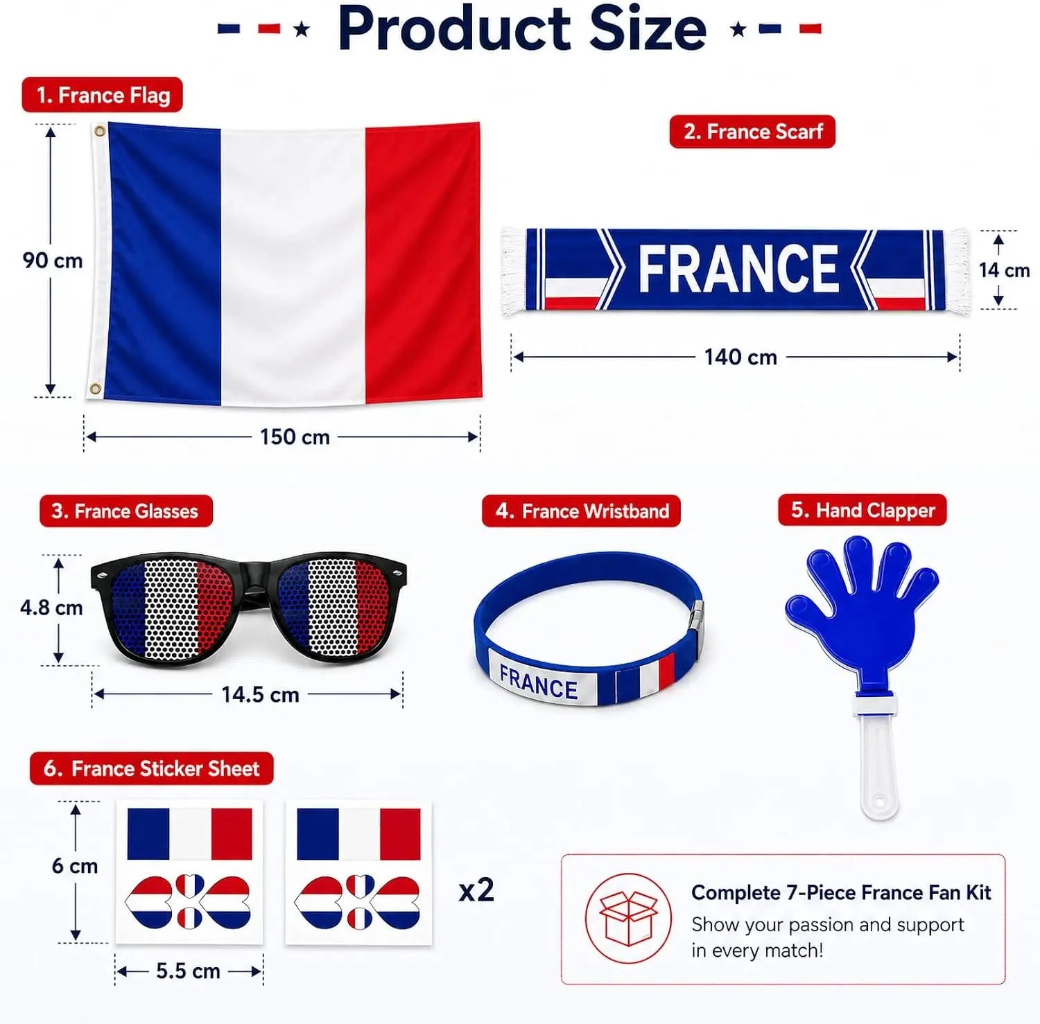France Tricolour Supporter Kit – Set of Accessories Blue White Red with Flag 90 x 150 cm, Scarf, Fun Glasses – Complete Set for Sports Parties, Matches and Football Events 2026