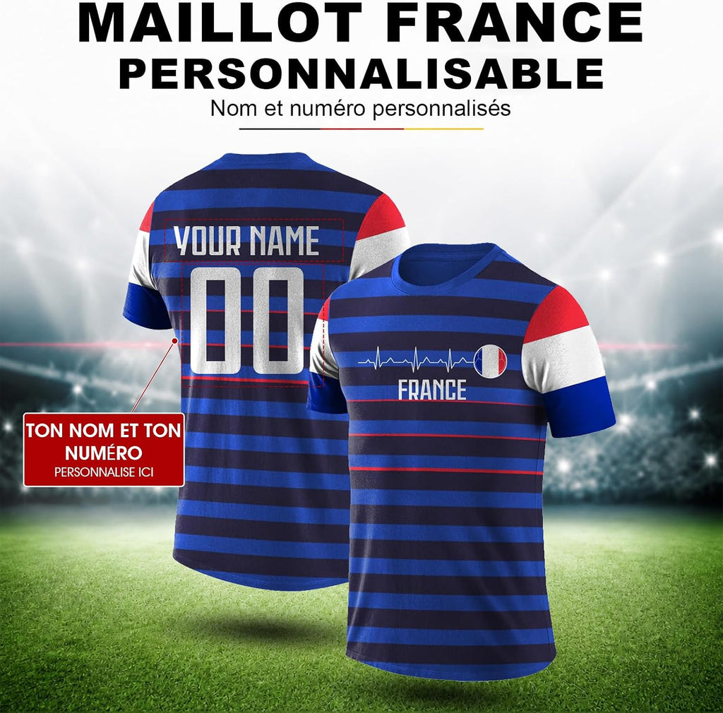 Maillot de Foot Personnalisé France, T-Shirt Sport Personnalisable Nom et Numéro, Enfant et Adulte Tenue de Sport pour Entraînement et Cadeau Football