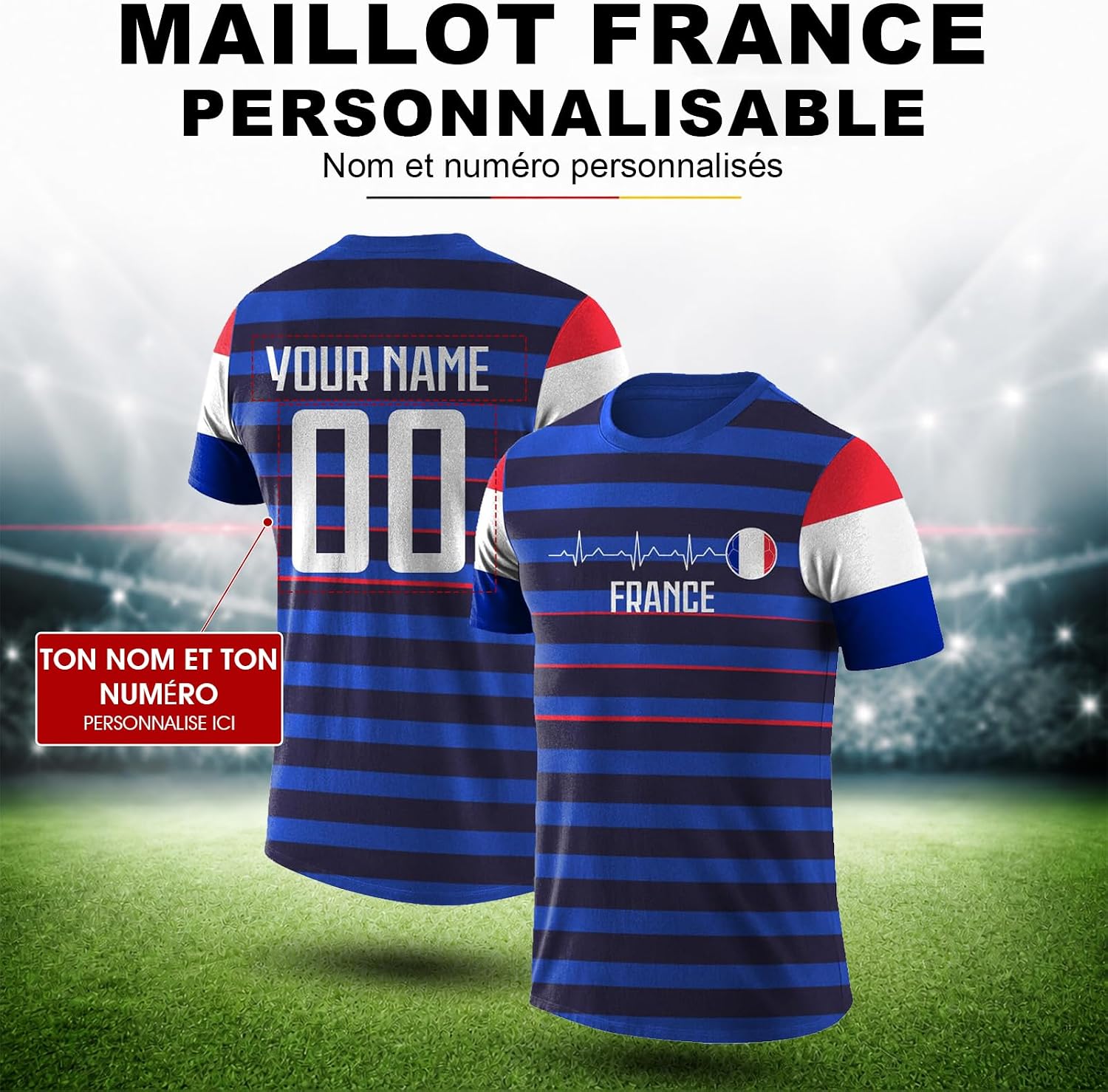 Maillot de Foot Personnalisé France, T-Shirt Sport Personnalisable Nom et Numéro, Enfant et Adulte Tenue de Sport pour Entraînement et Cadeau Football