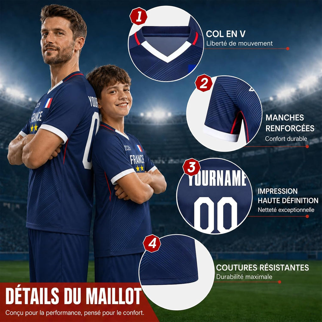 Maillot de Foot Personnalisé France, T-Shirt Sport Personnalisable Nom et Numéro, Enfant et Adulte Tenue de Sport pour Entraînement et Cadeau Football
