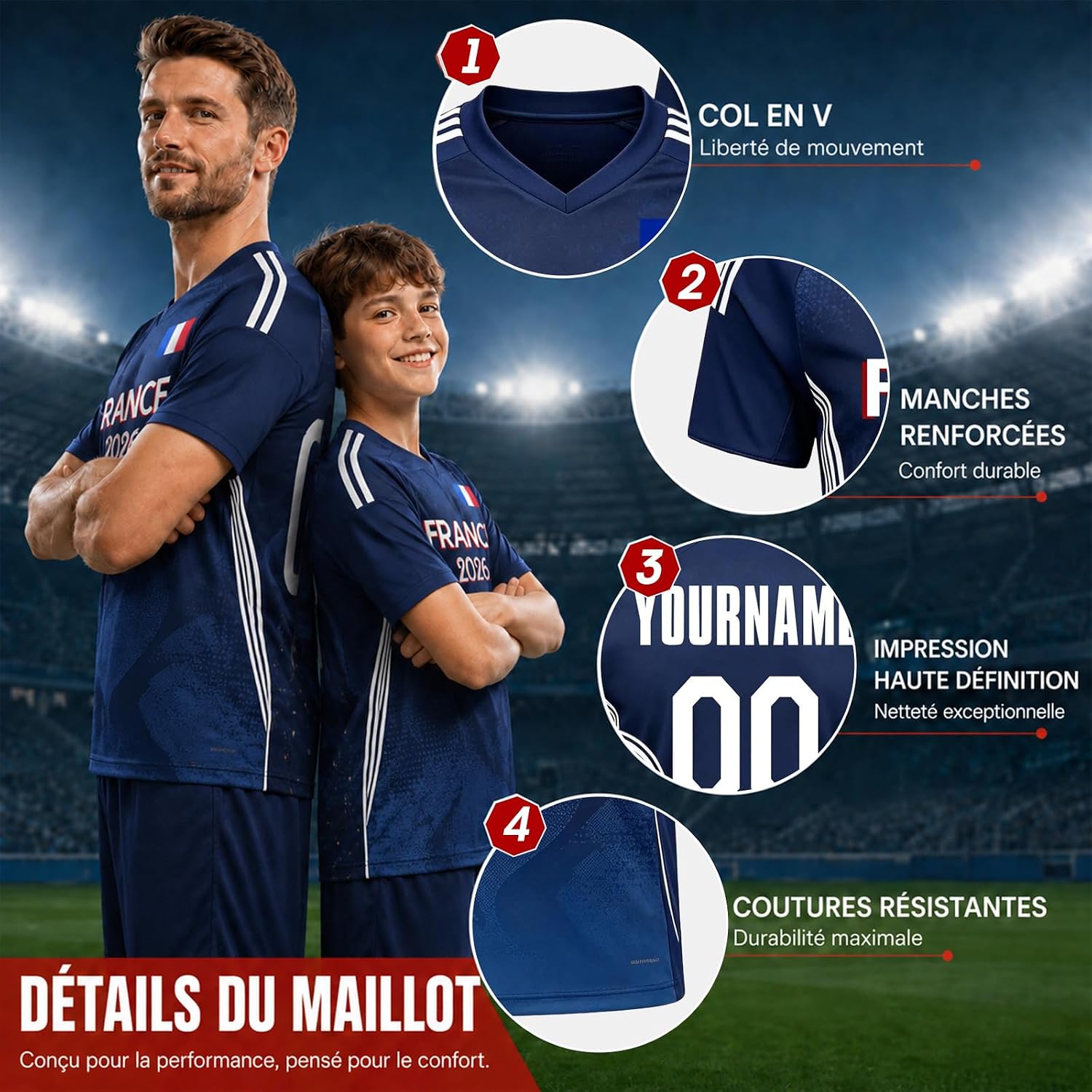 Maillot de Foot Personnalisé France, T-Shirt Sport Personnalisable Nom et Numéro, Enfant et Adulte Tenue de Sport pour Entraînement et Cadeau Football