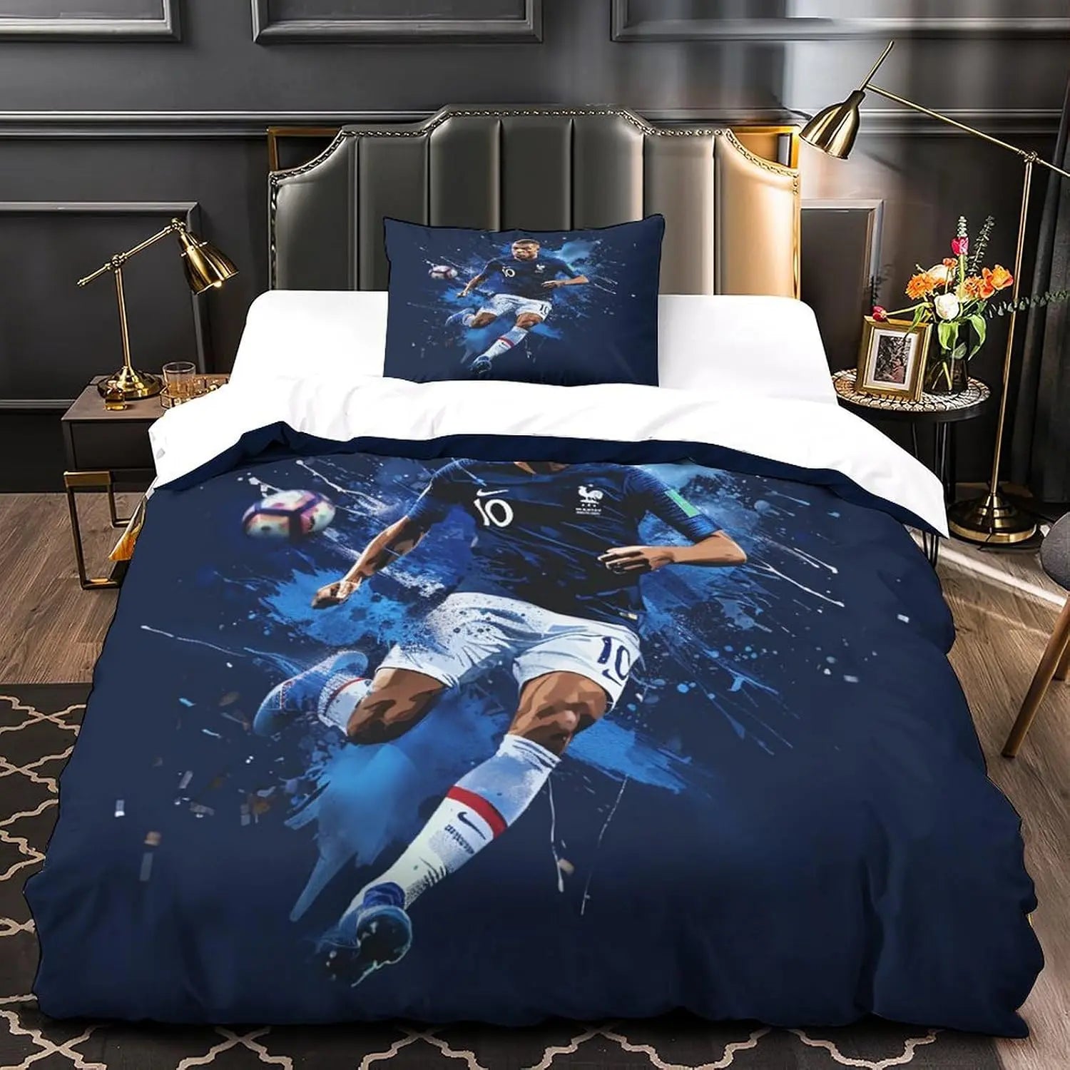 Kylian Mbappe 3D Duvet Cover Set, Microfibre 2-Piece Bedding Set with Zip, Duvet Cover and Pillowcases Single (135 x 200 cm)