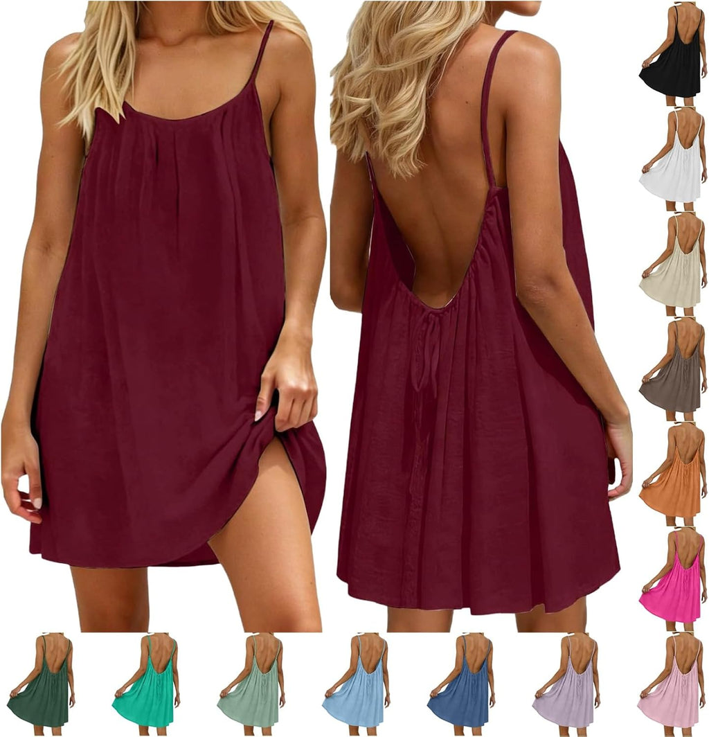 Générique Women Summer 2026 Summer Sleeveless Long Summer Casual Flowy Open Back Camisole Dress for Vacation Beach Home Solid Color