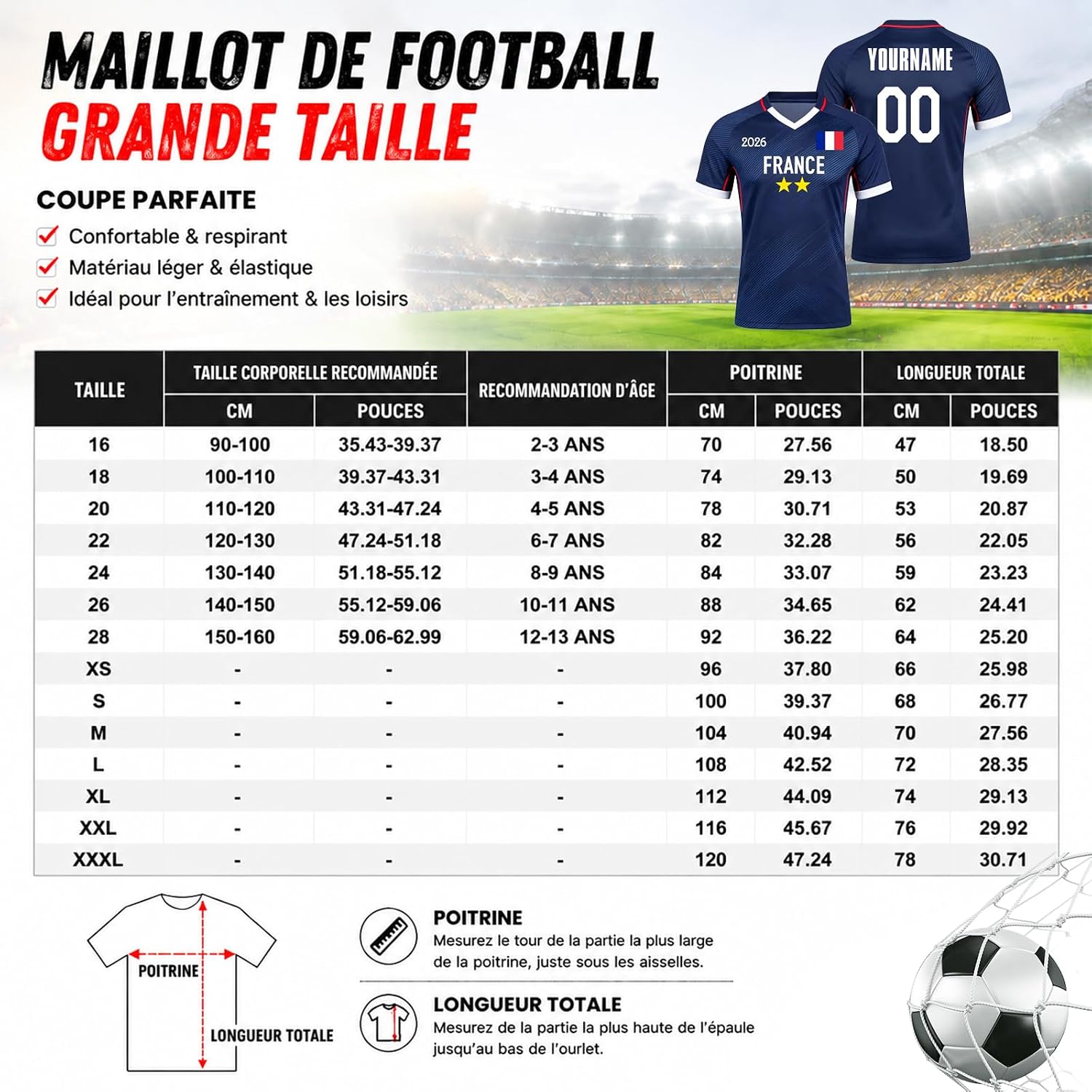 Maillot de Foot Personnalisé France, T-Shirt Sport Personnalisable Nom et Numéro, Enfant et Adulte Tenue de Sport pour Entraînement et Cadeau Football