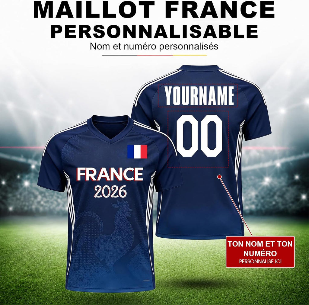 Maillot de Foot Personnalisé France, T-Shirt Sport Personnalisable Nom et Numéro, Enfant et Adulte Tenue de Sport pour Entraînement et Cadeau Football