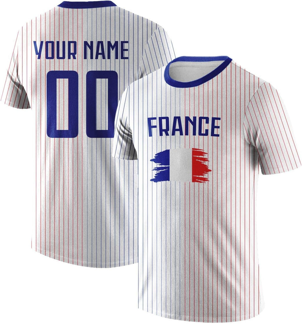 Maillot de Foot Personnalisé France, T-Shirt Sport Personnalisable Nom et Numéro, Enfant et Adulte Tenue de Sport pour Entraînement et Cadeau Football