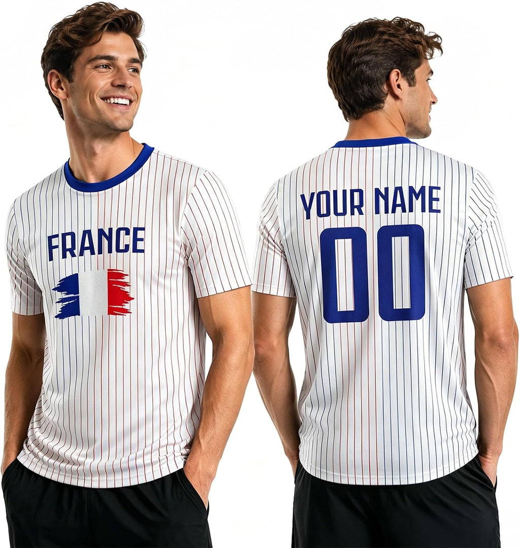 Maillot de Foot Personnalisé France, T-Shirt Sport Personnalisable Nom et Numéro, Enfant et Adulte Tenue de Sport pour Entraînement et Cadeau Football