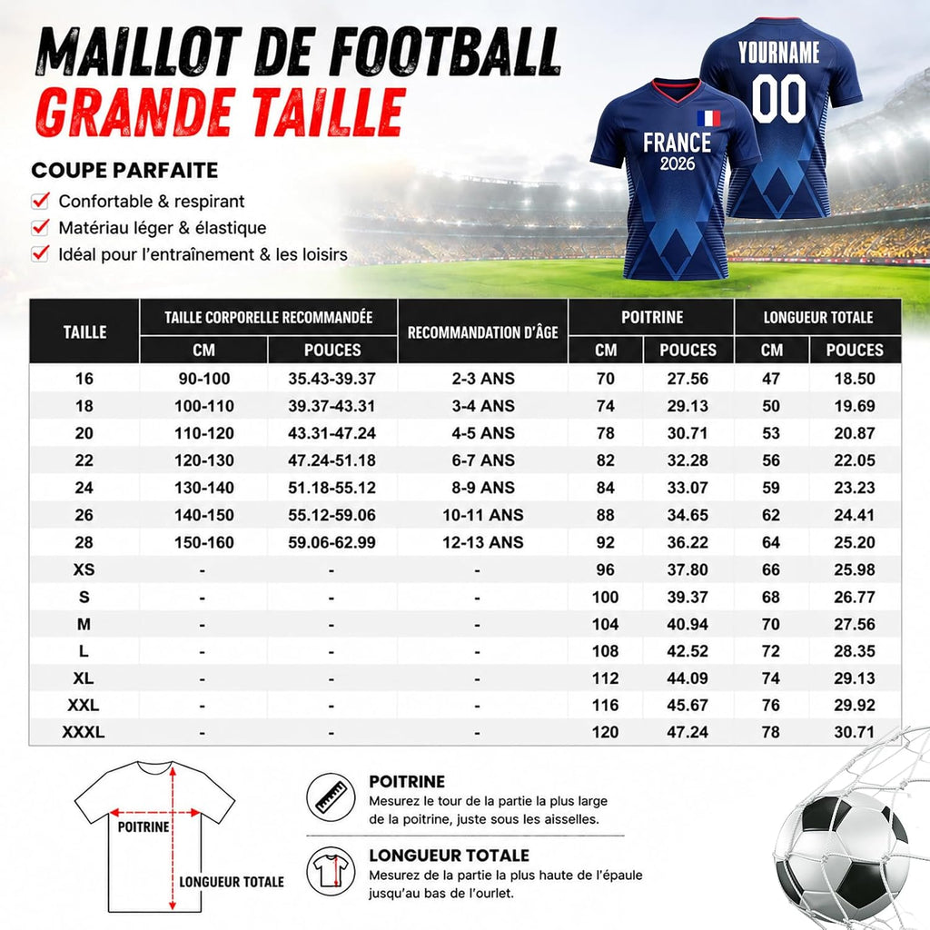 Maillot de Foot Personnalisé France, T-Shirt Sport Personnalisable Nom et Numéro, Enfant et Adulte Tenue de Sport pour Entraînement et Cadeau Football