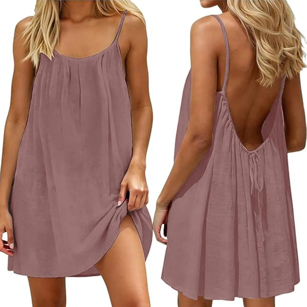 Women Summer Dress Linen Beach Dress Backless Drawstring Comfortable Midi Dress with Spaghetti Straps for Living Room Holiday and Leisure
