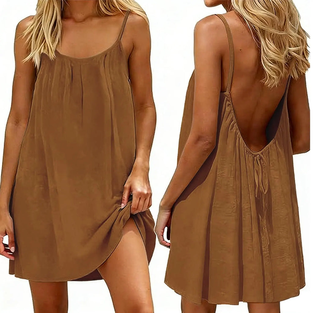 Women Summer Dress Linen Beach Dress Backless Drawstring Comfortable Midi Dress with Spaghetti Straps for Living Room Holiday and Leisure