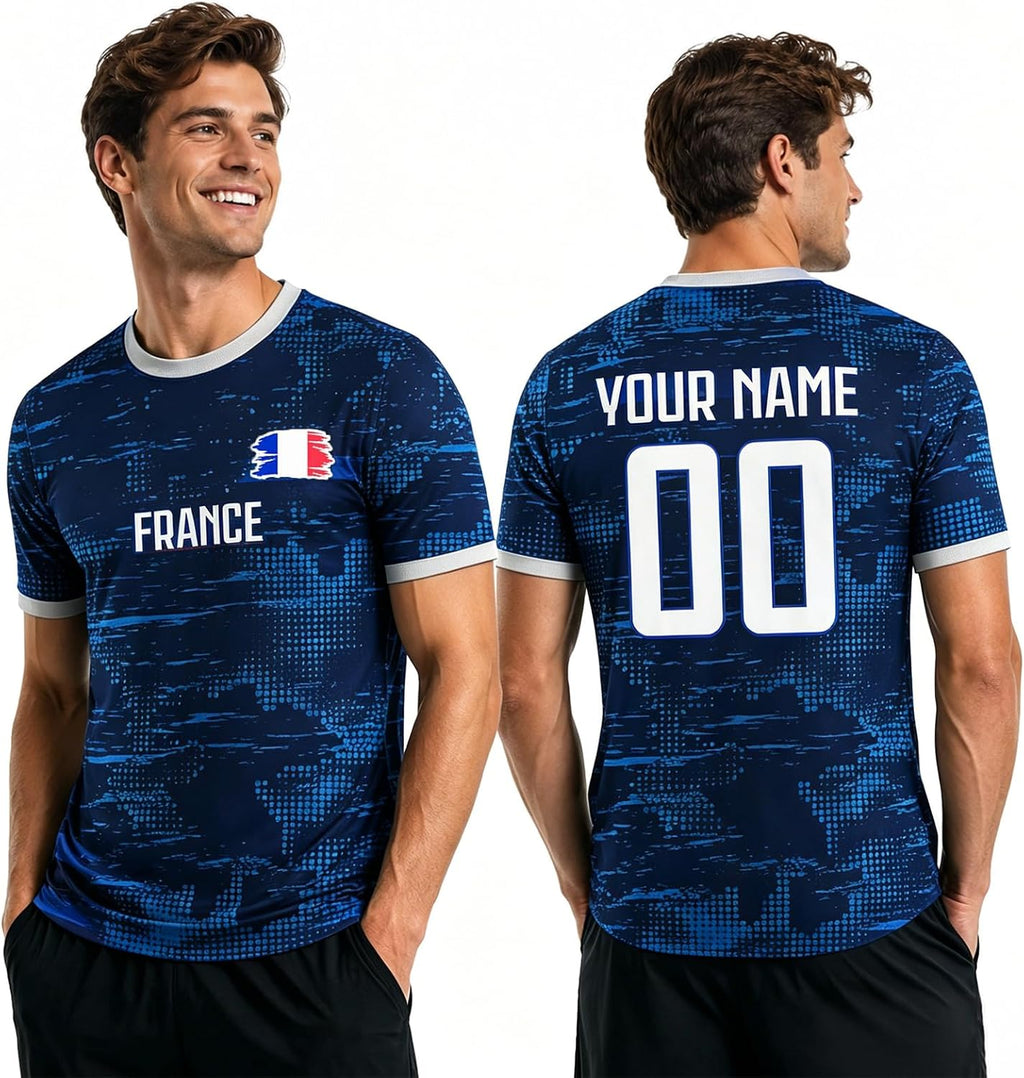Maillot de Foot Personnalisé France, T-Shirt Sport Personnalisable Nom et Numéro, Enfant et Adulte Tenue de Sport pour Entraînement et Cadeau Football