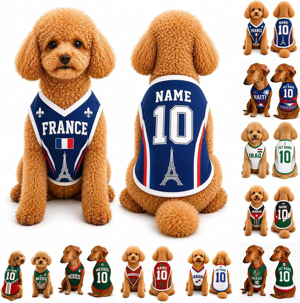 T Shirt Chien Personnalisé Style 2026, Maillot Drapeau Pays avec Nom Numéro, Tissu Mesh Léger Respirant pour Petit Moyen Grand Chien, Cadeau Fan Foot