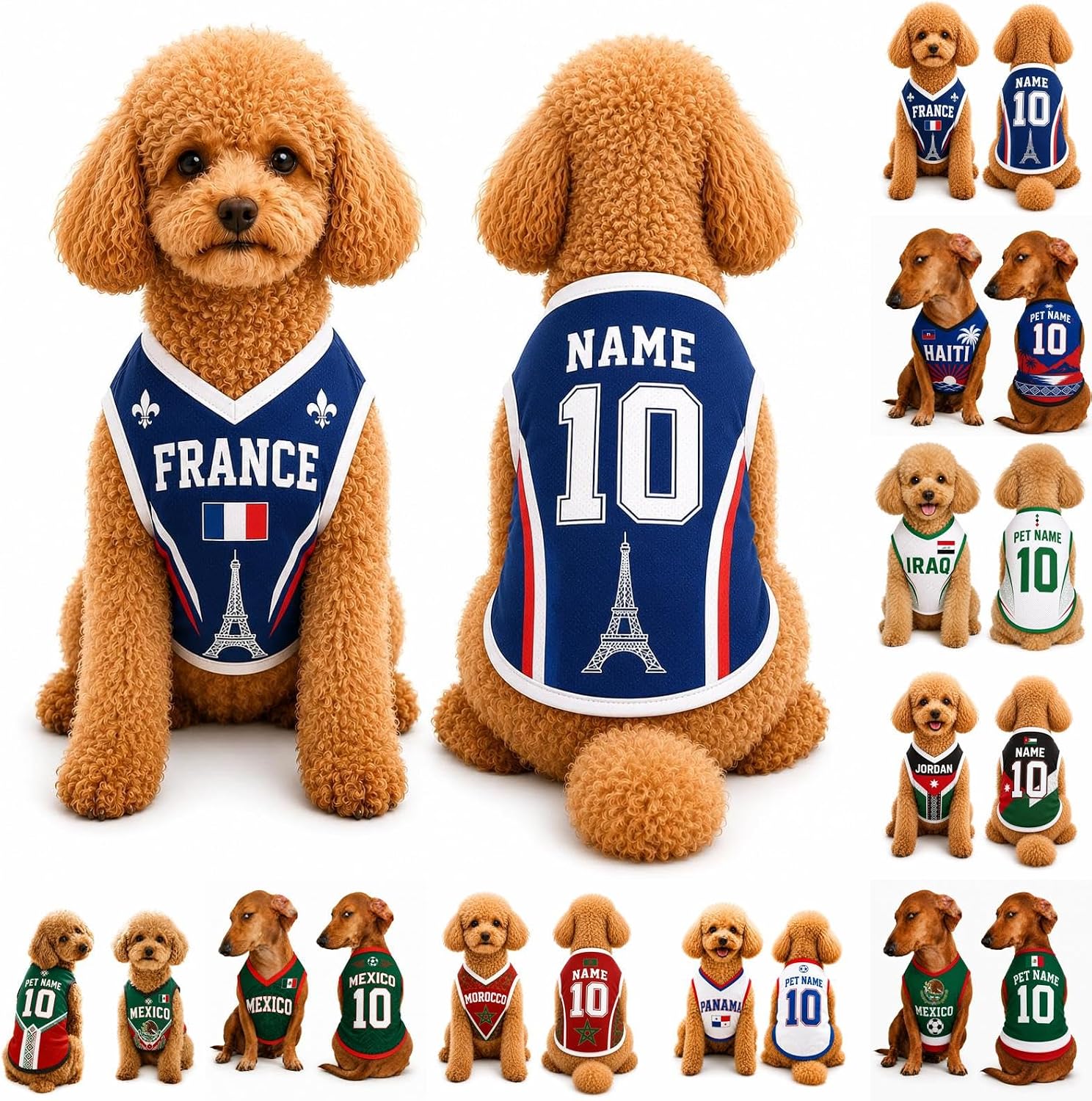 T Shirt Chien Personnalisé Style 2026, Maillot Drapeau Pays avec Nom Numéro, Tissu Mesh Léger Respirant pour Petit Moyen Grand Chien, Cadeau Fan Foot