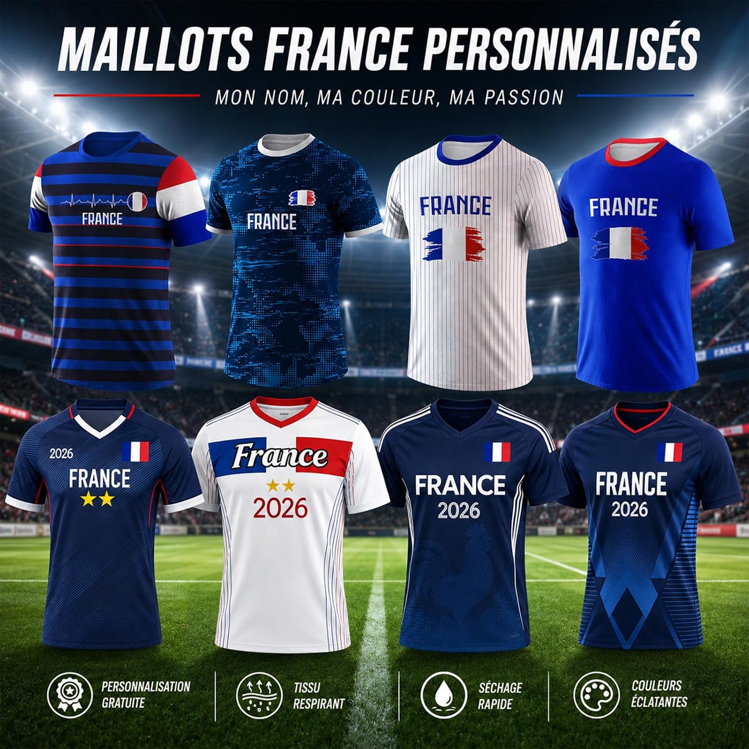 Maillot de Foot Personnalisé France, T-Shirt Sport Personnalisable Nom et Numéro, Enfant et Adulte Tenue de Sport pour Entraînement et Cadeau Football