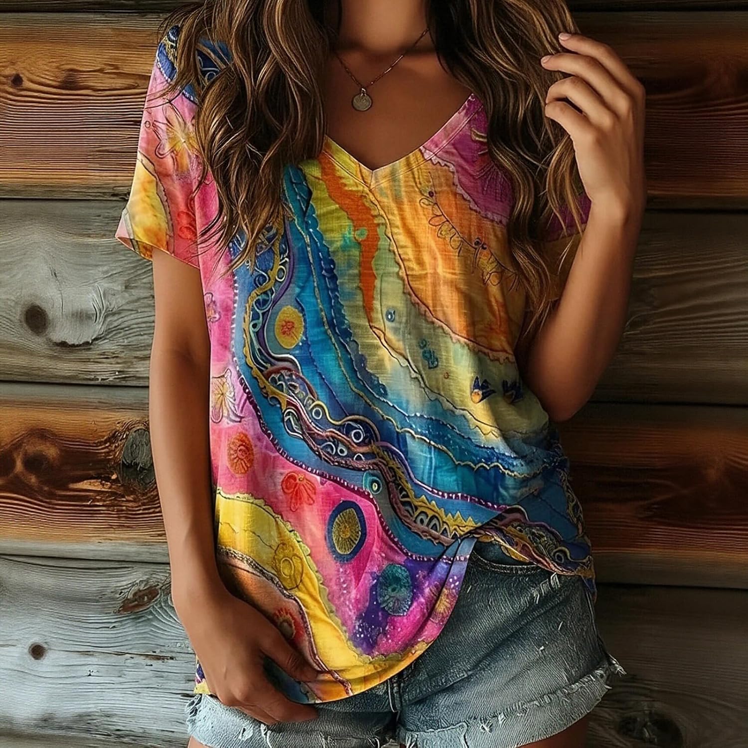 Womens Summer T Shirt V Neck Short Sleeve Rainbow Graffiti T Shirts