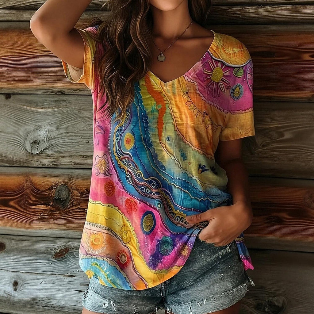 Womens Summer T Shirt V Neck Short Sleeve Rainbow Graffiti T Shirts