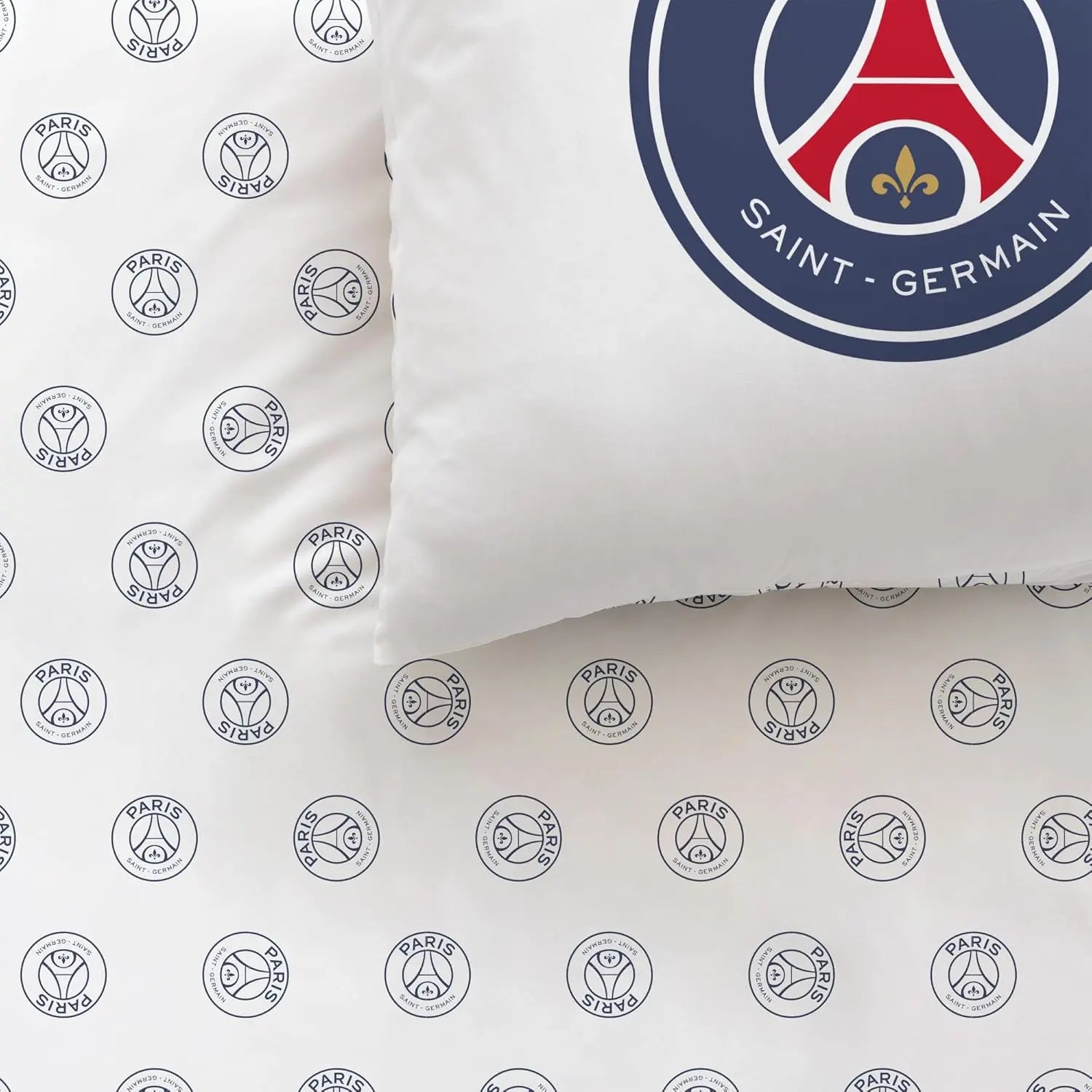 OMYDREAM PSG Tour Children's Bedding Set for Double | Children's Bedroom | 100% Cotton | Oeko-TEX | Duvet Cover + Pillowcase (s) cm | Reversible Print (White, 240 x 220 + 2 x 63 x 63 cm)