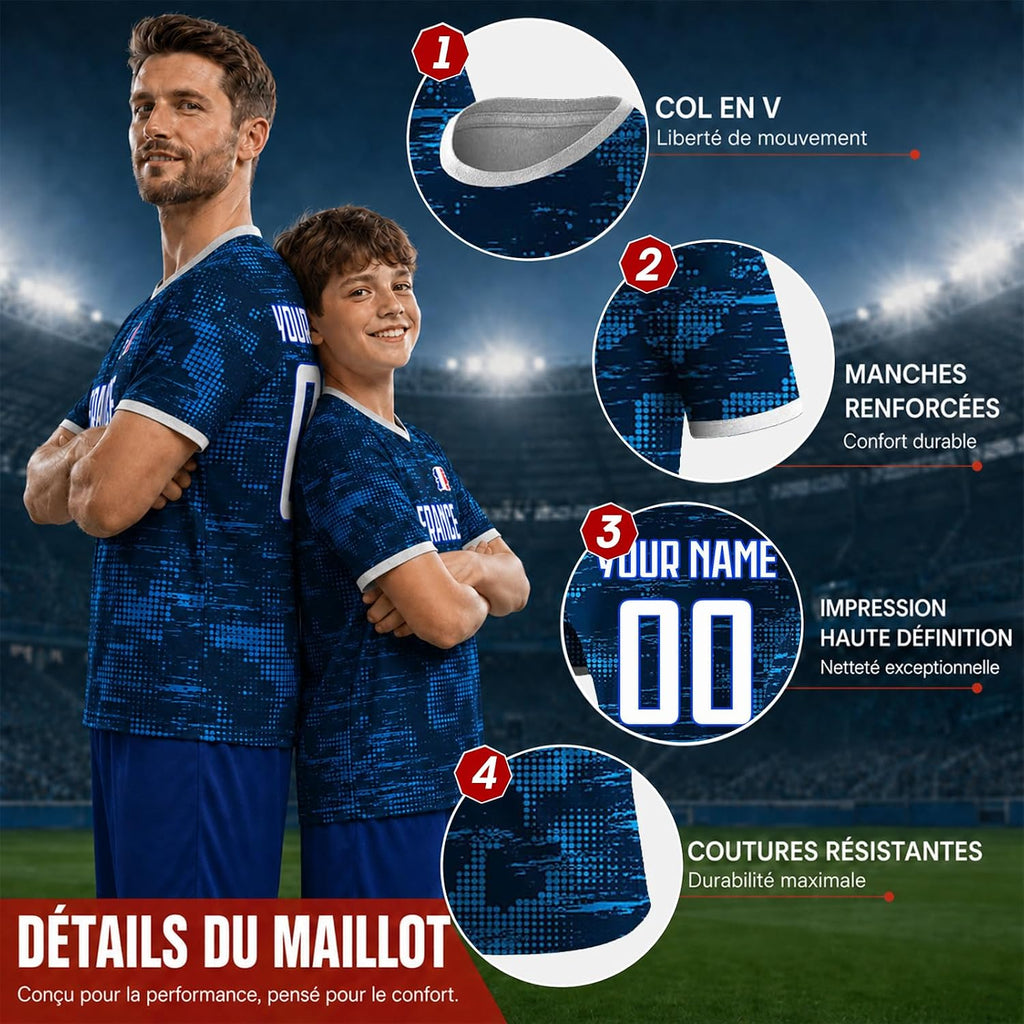 Maillot de Foot Personnalisé France, T-Shirt Sport Personnalisable Nom et Numéro, Enfant et Adulte Tenue de Sport pour Entraînement et Cadeau Football