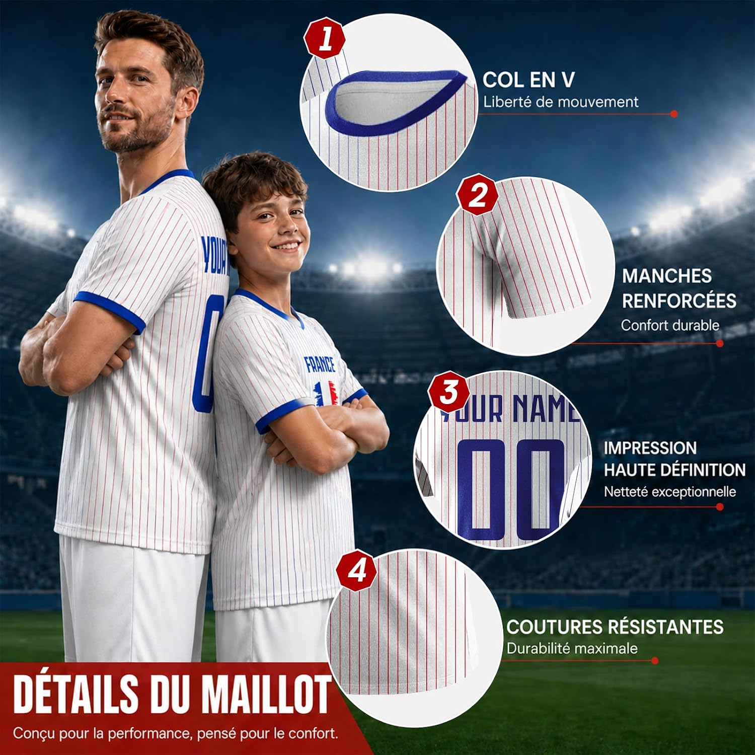 Maillot de Foot Personnalisé France, T-Shirt Sport Personnalisable Nom et Numéro, Enfant et Adulte Tenue de Sport pour Entraînement et Cadeau Football