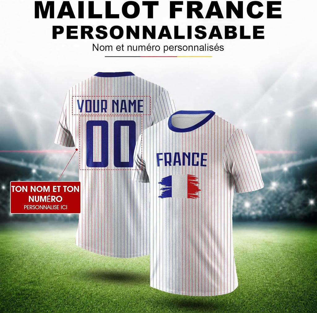 Maillot de Foot Personnalisé France, T-Shirt Sport Personnalisable Nom et Numéro, Enfant et Adulte Tenue de Sport pour Entraînement et Cadeau Football