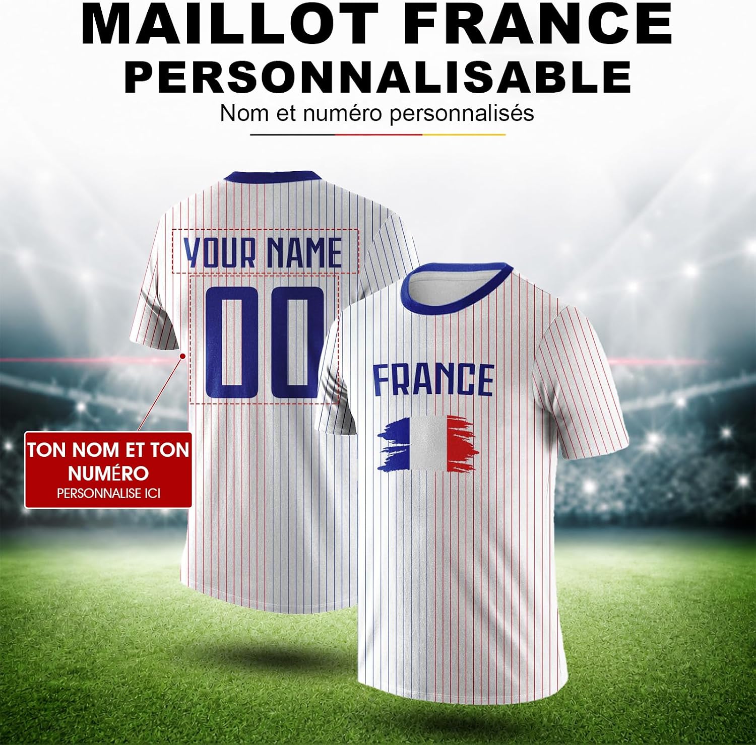 Maillot de Foot Personnalisé France, T-Shirt Sport Personnalisable Nom et Numéro, Enfant et Adulte Tenue de Sport pour Entraînement et Cadeau Football
