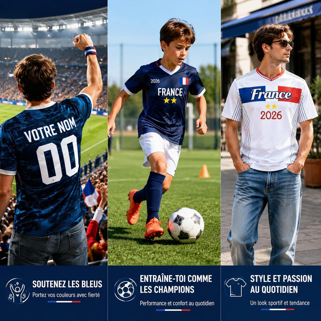 Maillot de Foot Personnalisé France, T-Shirt Sport Personnalisable Nom et Numéro, Enfant et Adulte Tenue de Sport pour Entraînement et Cadeau Football