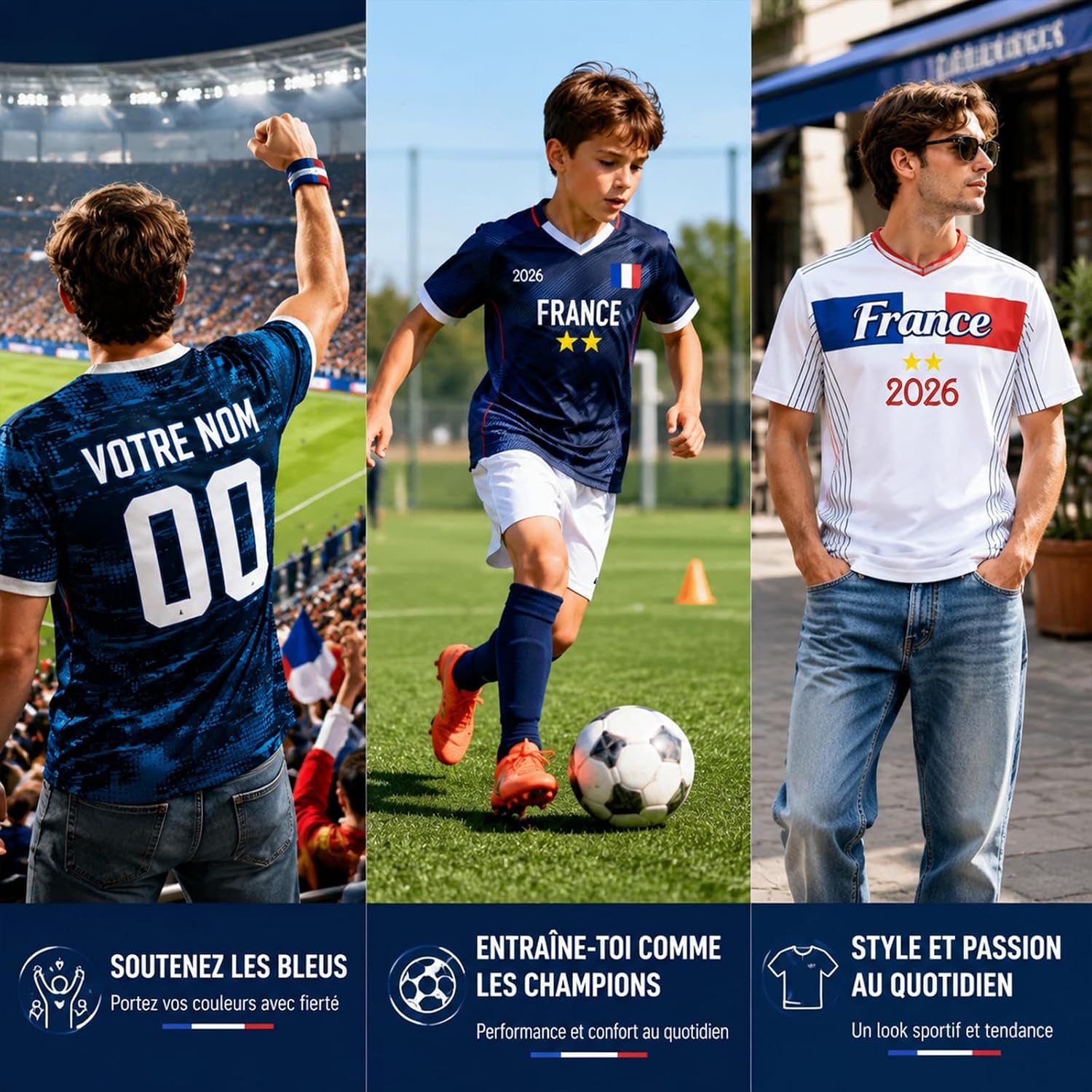 Maillot de Foot Personnalisé France, T-Shirt Sport Personnalisable Nom et Numéro, Enfant et Adulte Tenue de Sport pour Entraînement et Cadeau Football