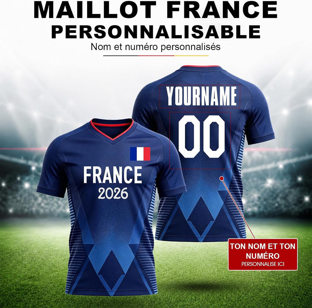 Maillot de Foot Personnalisé France, T-Shirt Sport Personnalisable Nom et Numéro, Enfant et Adulte Tenue de Sport pour Entraînement et Cadeau Football