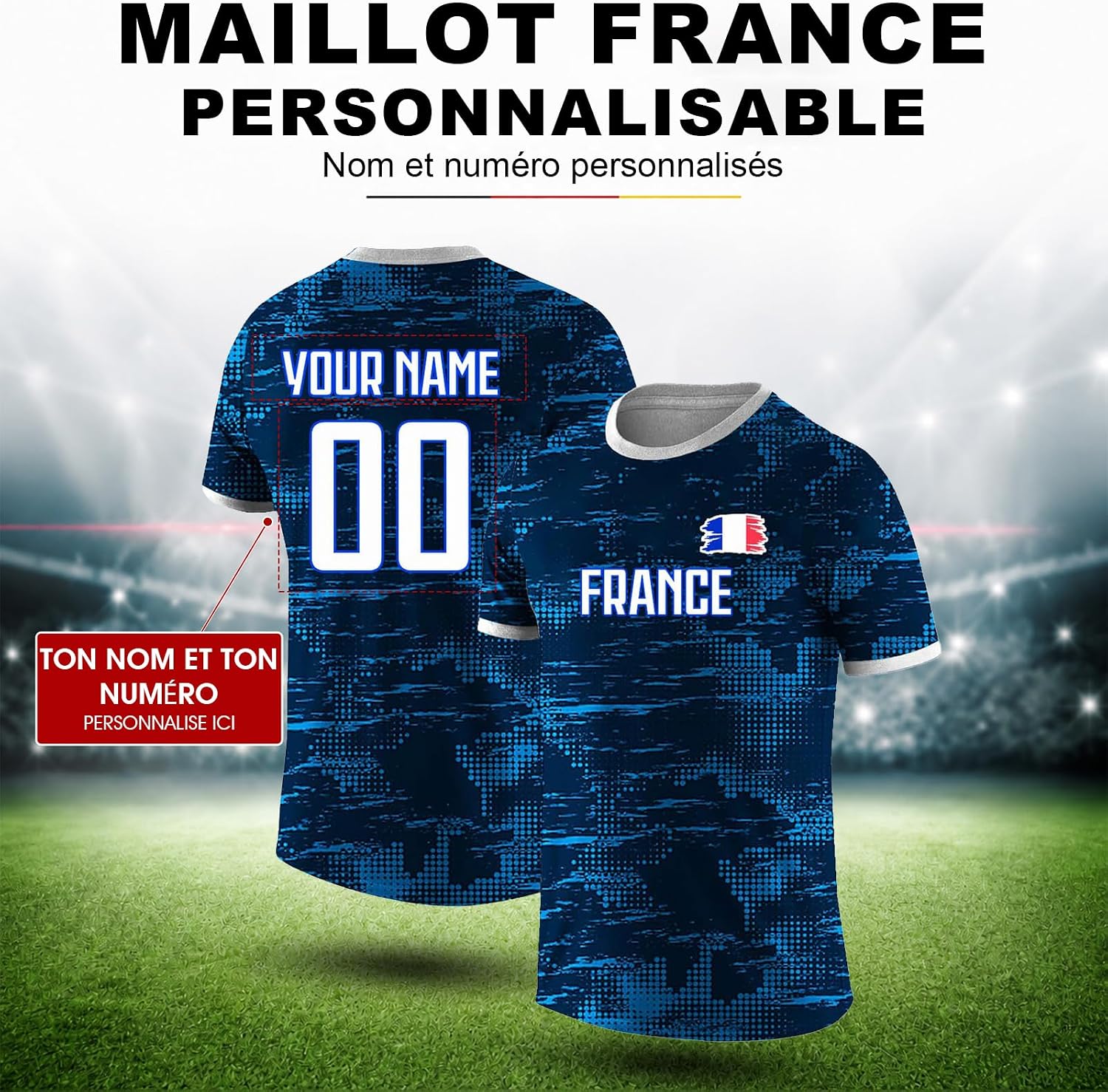 Maillot de Foot Personnalisé France, T-Shirt Sport Personnalisable Nom et Numéro, Enfant et Adulte Tenue de Sport pour Entraînement et Cadeau Football