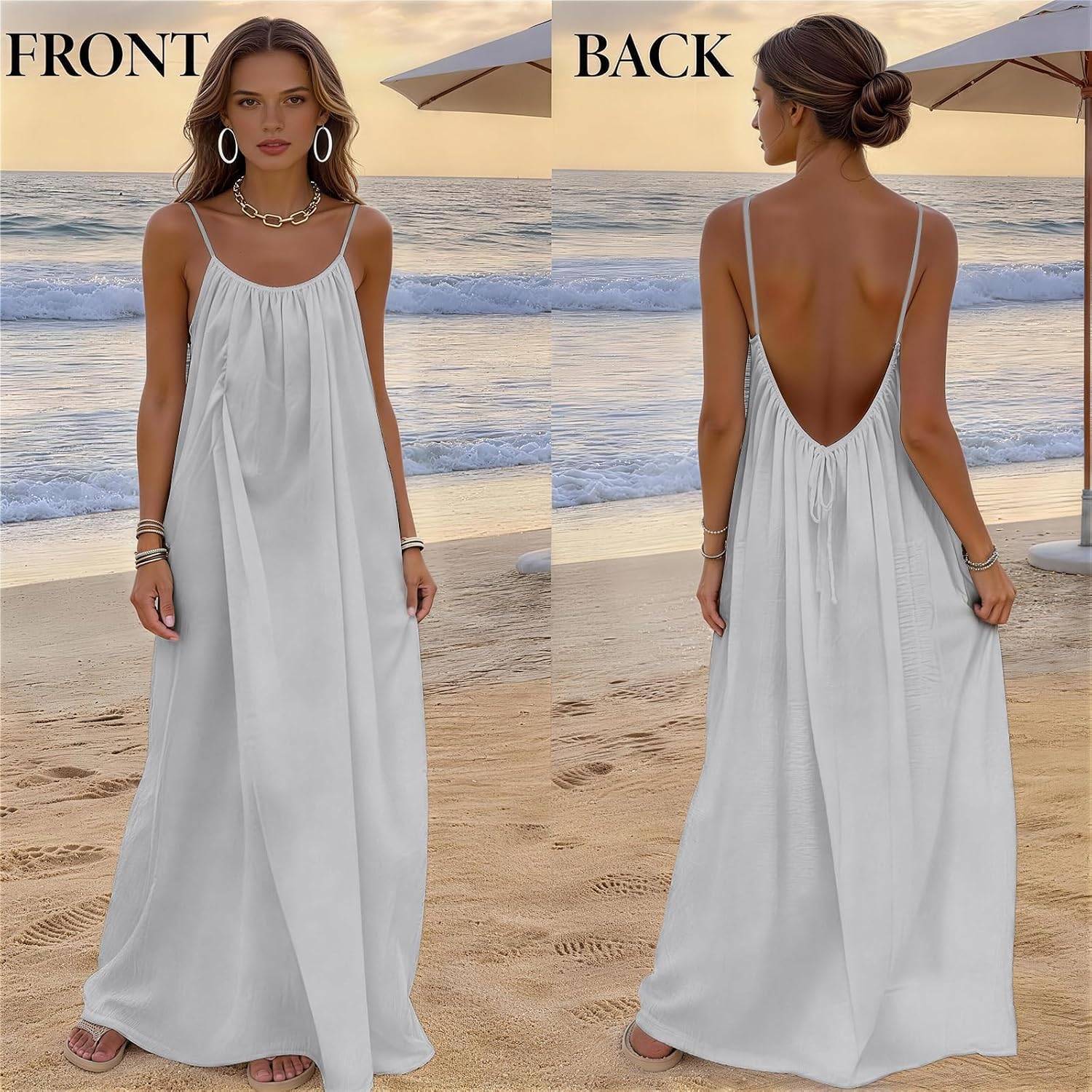 nnOuOnn Women's Backless Cami Dress Summer 2026 Sleeveless Long Casual Summer Dress Summer Dress Open Back Flowy Summer Dress for Vacation Beach Home Solid Color