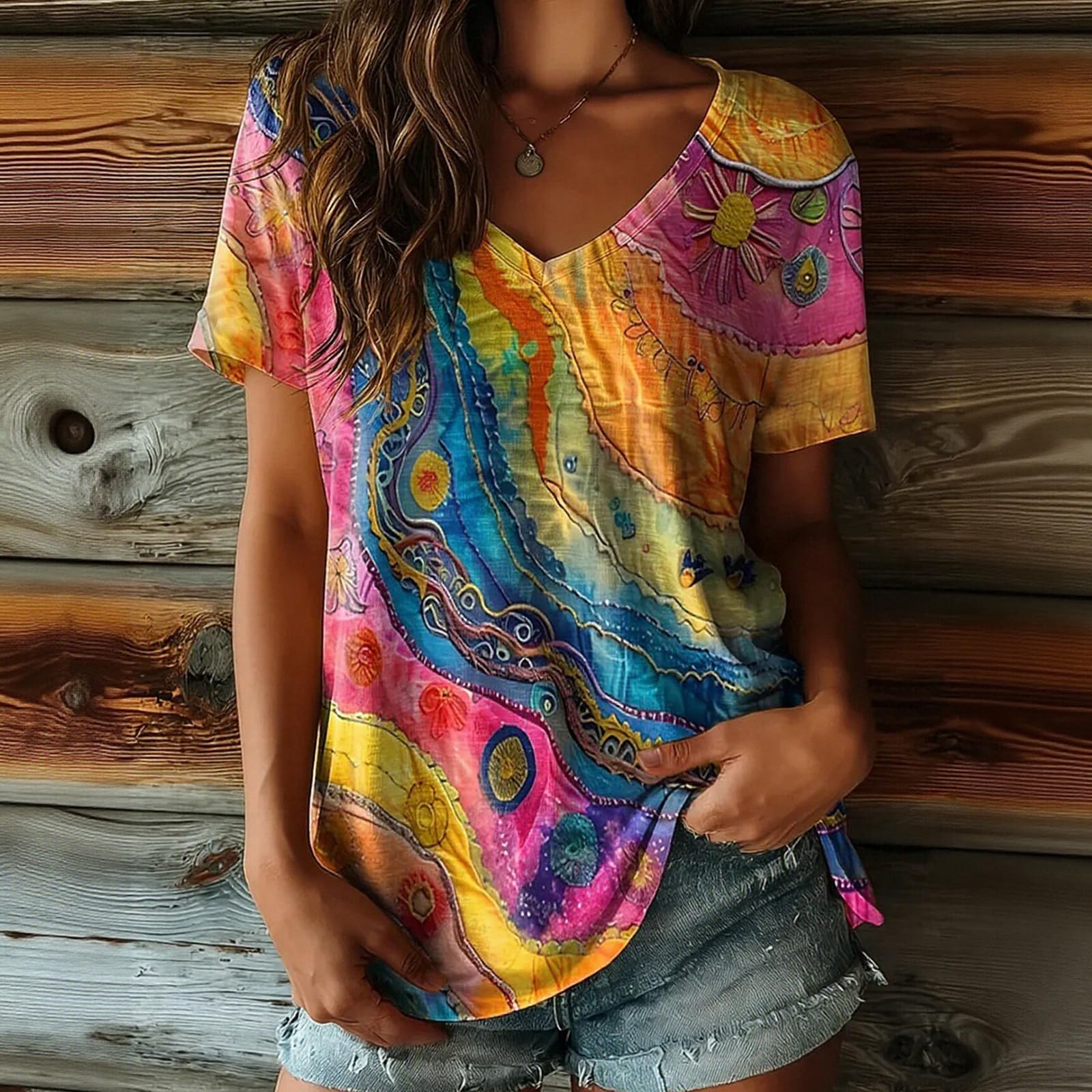 Womens Summer T Shirt V Neck Short Sleeve Rainbow Graffiti T Shirts