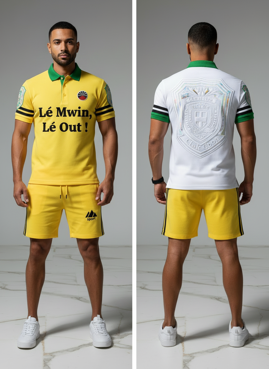 Un homme porte la chemise CLAK C BON Polo Clak C Bon - Élégance et Énergie Reggae avec "Lé Mwin, Lé Out !" sur le devant et un short jaune assorti. La vue de dos montre une chemise blanche avec un grand écusson, également associée au short jaune.