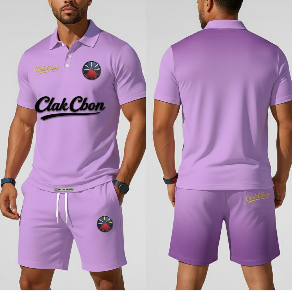 Un homme porte le Polo CLAK C BON Clak C Bon - Élégance et Énergie Reggae en lavande avec un texte noir et un logo circulaire vibrant, montré de face et de dos - idéal pour les fans de streetwear vetement stylé.