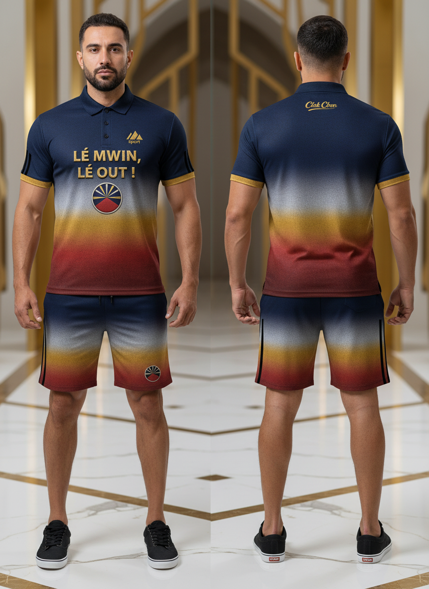 Un homme se tient dans un couloir élégant, de face et de dos, portant le polo CLAK C BON Clak C Bon - Élégance et Énergie Reggae en marine, jaune et marron. La chemise porte l'inscription LÉ MWIN, LÉ OUT ! avec un emblème circulaire pour un style streetwear authentique.