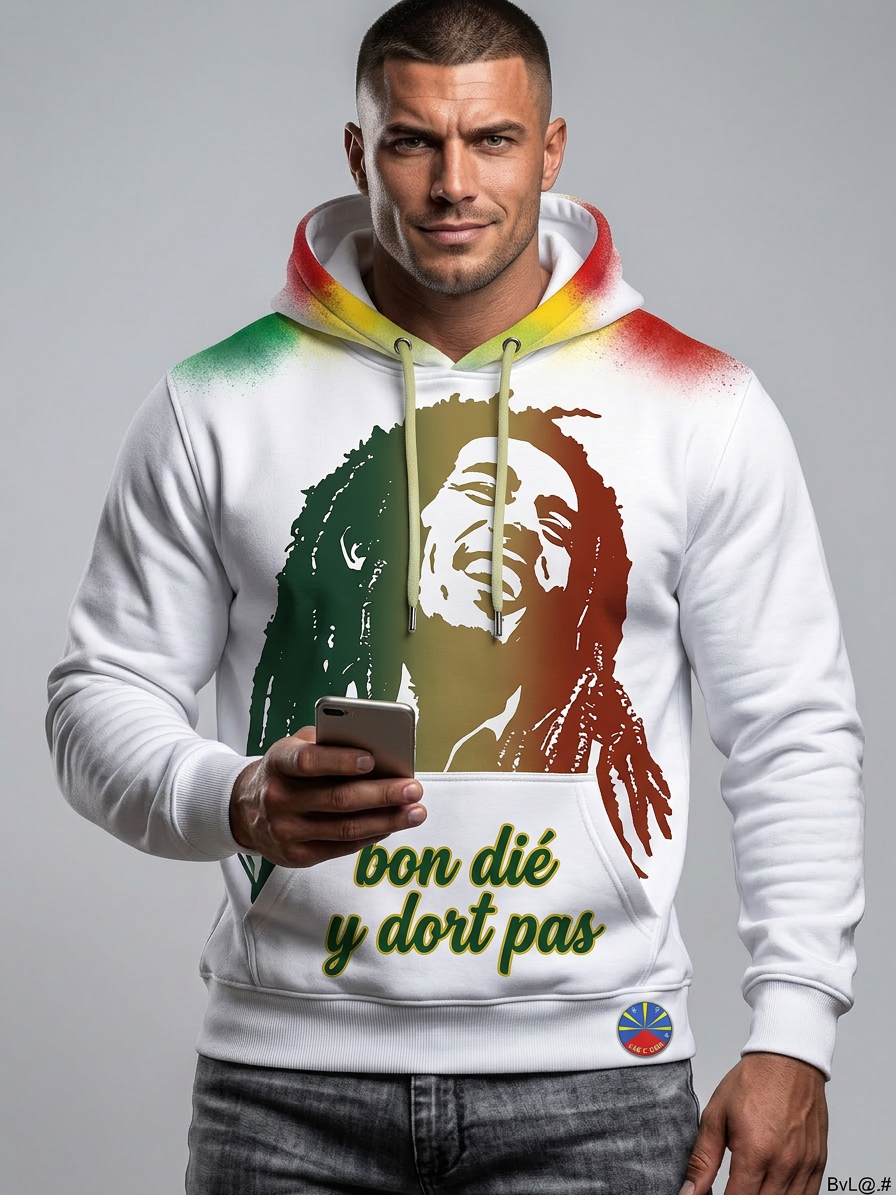 Un homme vêtu d'un sweat à capuche CLAK C BON blanc arborant le graphisme Polo Clak C Bon - Élégance et Énergie Reggae et le texte "bon dié y dort pas" pose avec un smartphone, mettant en valeur les vêtements de streetwear CLAK C BON inspirés du reggae sur un fond gris.